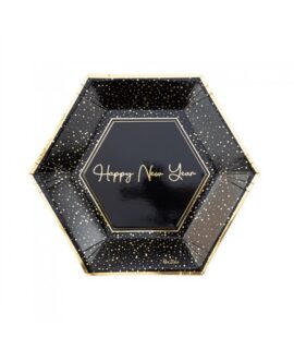 8-piatti-esagonali-happy-new-year-neri-con-finitura-oro-metal