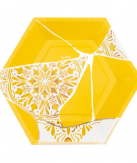 Piatto esagonale mosaico Kintsugi giallo-verde