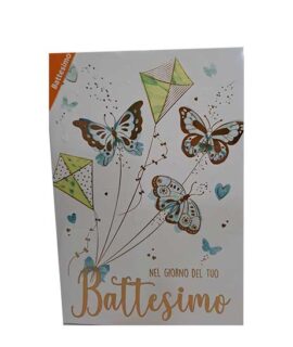 Biglietto Battesimo con farfalle celesti