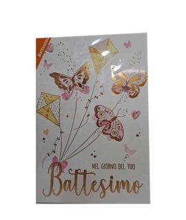 Biglietto Battesimo con farfalle rosa