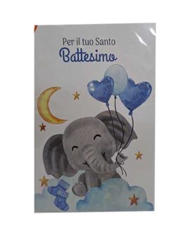 Biglietto Battesimo con elefante  e palloncini celesti