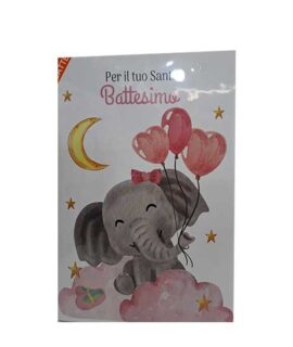 Biglietto Battesimo con elefante  e palloncini rosa