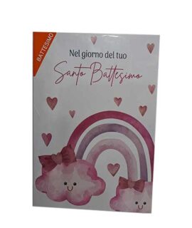 Biglietto Battesimo con arcobaleno rosa