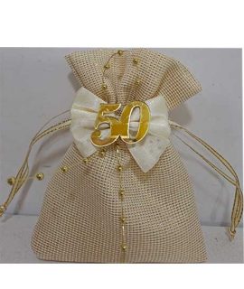 Sacchetto in tessuto bianco/oro con 50 in plexi