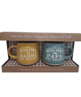 Set 2 tazzine con frase: LA MIGLIORE MAMMA DEL MONDO - IL MIGLIORE PAPA' DEL MONDO