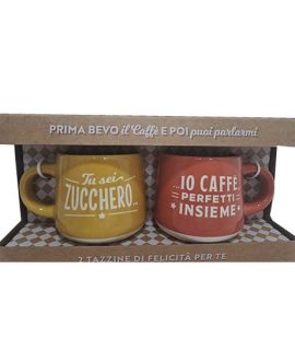 Set 2 tazzine con frase: TU SEI ZUCCHERO - IO CAFFE' PERFETTI INSIEME