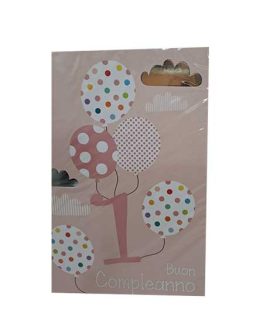 Biglietto Primo compleanno rosa con palloncini