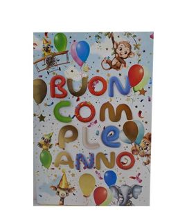 Biglietto compleanno con scimmietta, giraffa, elefante....