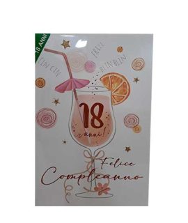 Biglietto 18 anni con bicchiere rosa