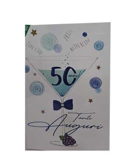 Biglietto 50 anni con bicchiere celeste