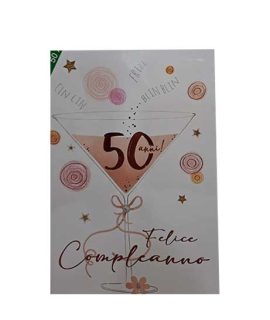 Biglietto 50 anni con bicchiere rosa