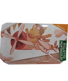 Biglietto BATTESIMO ROSA con bottone con AEREO