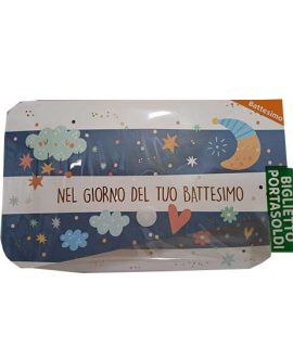 Biglietto BATTESIMO CELESTE con bottone con NUVOLE