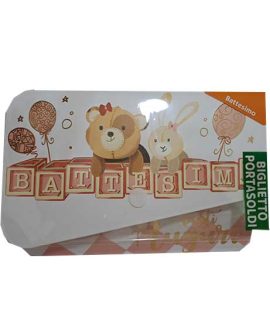 Biglietto BATTESIMO ROSA con bottone con PALLONCINI