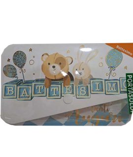 Biglietto BATTESIMO CELESTE con bottone con PALLONCINI