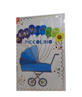 Biglietto nascita con carrozzina CELESTE