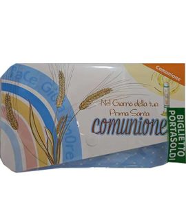 Biglietto COMUNIONE CELESTE con bottone con SPIGHE