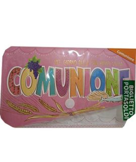 Biglietto COMUNIONE ROSA con bottone con SPIGHE