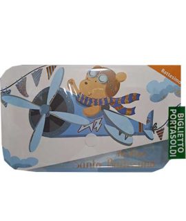 Biglietto BATTESIMO CELESTE con bottone con AEREO