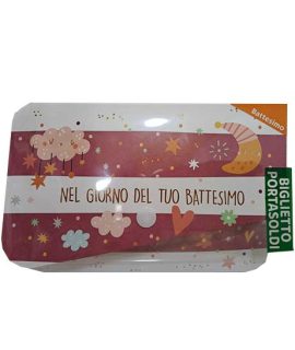 Biglietto BATTESIMO ROSA con bottone con NUVOLE