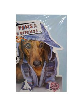 Biglietto auguri con cane vestito in jeans
