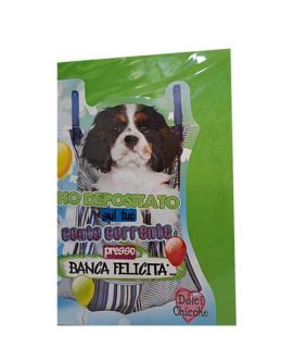 Biglietto auguri con cane appeso
