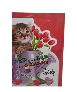 Biglietto auguri con gattino e tulipani