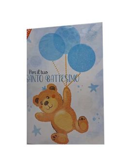 Biglietto battesimo Orsetto con palloncini celeste