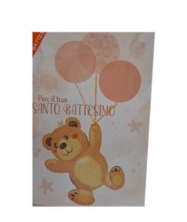 Biglietto battesimo Orsetto con palloncini rosa